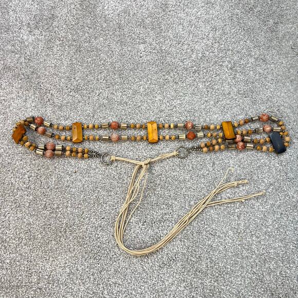Vintage Silver and Wooded Beaded Detailing Boho Western Tie Belt (Sz L/XL)